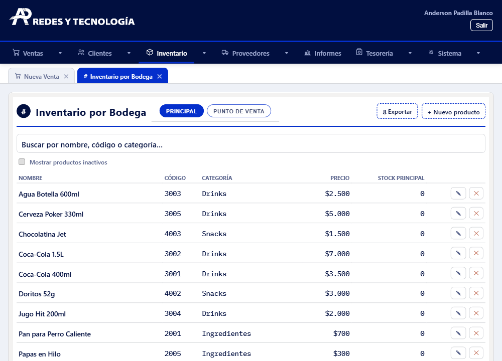 Módulo de inventario de AP PosTech con catálogo de productos, precios y existencias