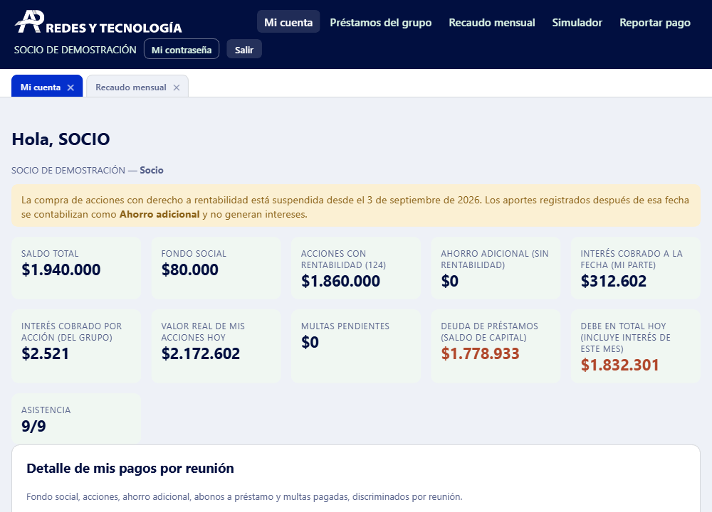 Panel de socio en Grupo de Ahorro mostrando saldo total, fondo social y detalle de pagos